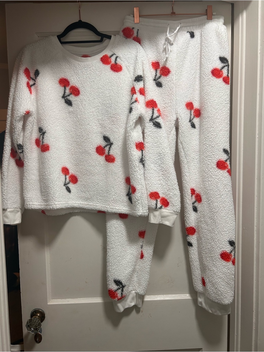 Cozy White Cherry Fleece Womens lounge Set